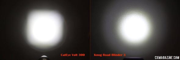 Brighter vs. Wider: CatEye Volt 300 compared to Knog Road Blinder. 