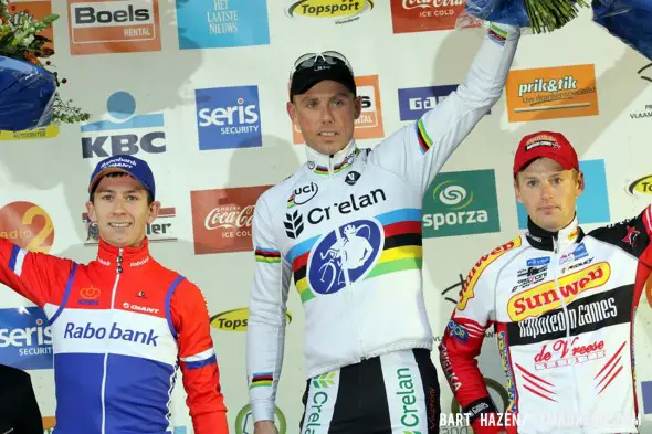 The Elite Men's Podium (L-R): Lars van der Haar (Rabobank Development Team), 2nd; Sven Nys (Crelan-KDL), 1st; Kevin Pauwels (Sunweb-Napoleon Games), 3rd. © Bart Hazen 