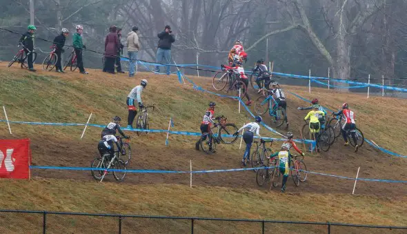 Women slipping at sliding at Baystate Cyclocross Day 2 2013. © Russ Campbell