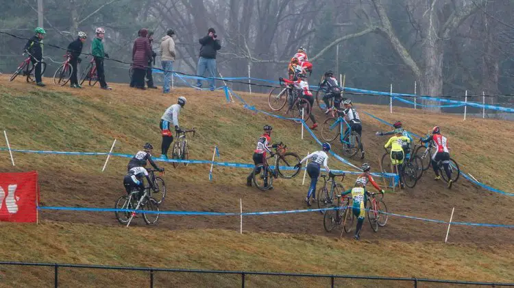 Women slipping at sliding at Baystate Cyclocross Day 2 2013. © Russ Campbell