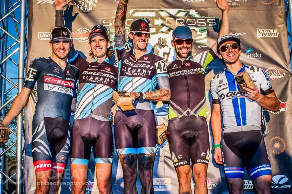 Sunday’s Men’s podium (L-R): Danny Summerhill, Jamie Driscoll, Ben Berden, Tim Johnson and Adam Craig. © Philip Beckman / PB Creative