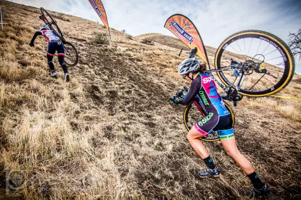 On the first lap of Saturday’s Women’s A race, Nicole Brandt leads Amanda Nauman up one of Hart Park’s notorious climbs. © Philip Beckman / PB Creative