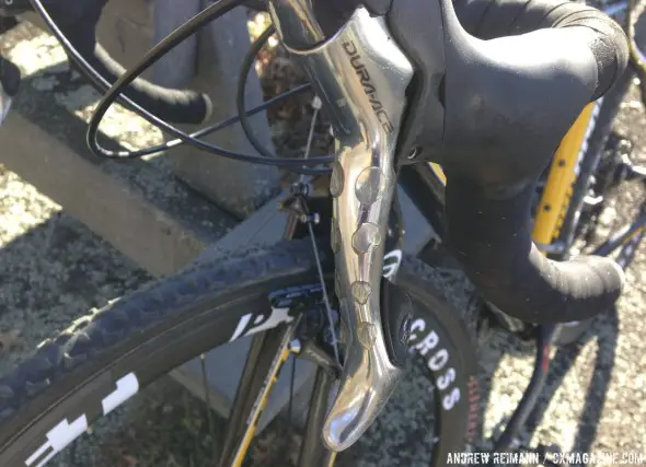 Laura Van Gilder uses hot melt glue to add grip to her brake levers. © Andrew Reimann / Cyclocross Magazine