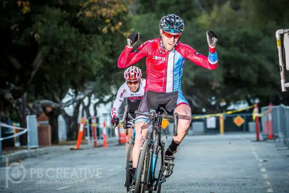 Gareth Feldstein notched a long overdue victory on Saturday, just ahead of Brent Prenzlow, who has well over a hundred wins in SoCal CX at Santa ’Cross. © Philip Beckman/ PB Creative