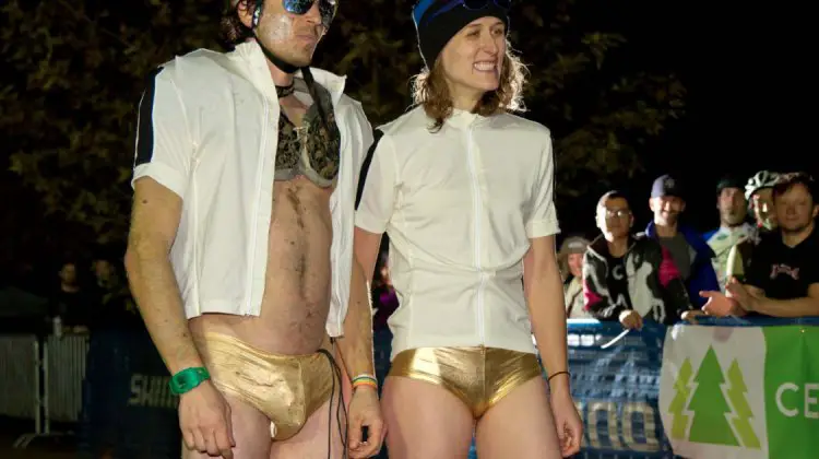 Adam Craig and Mical Dyck wearing their Golden Speedos. © Tim Westmore