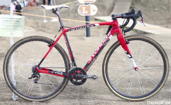 2014 Junior Cyclocross National Champion Peter Goguen's Specialized CruX Carbon Pro bike, minutes after the finish. © Cyclocross Magazine
