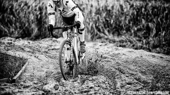 Katie Compton testing her new Trek Boone carbon cyclocross bike in the sand. photo: Trek