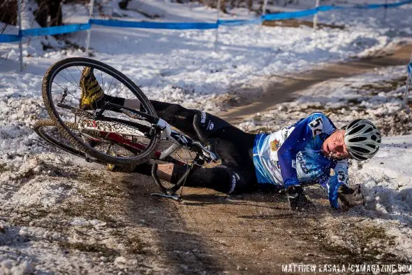 Early morning races mean slick, icy conditions, especially in this corner before the finish. © Matthew Lasala