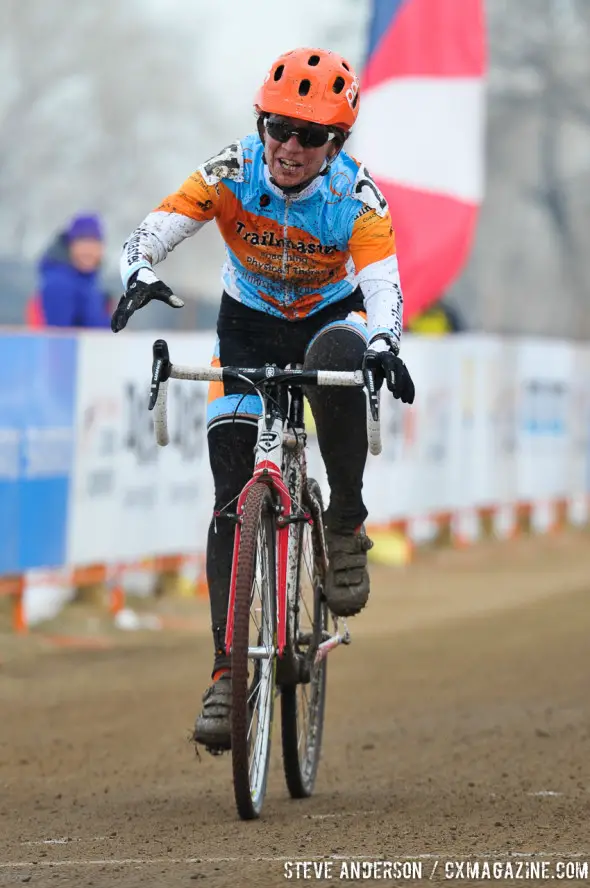 Anne Trombley winning 50-54 and finishing third in the 45-49 race, despite starting a minute back. © Steve Anderson