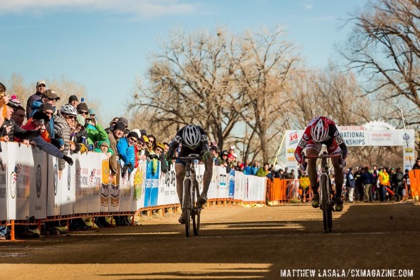 Russell Stevenson and Jake Wells in their photo finish - Masters 35-39. 2014 Cyclocross National Championships © Matthew Lasala