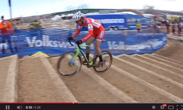 Screenshot: Cody Kaiser hopping the barriers at the U23 2014 Cyclocross National Championships. 