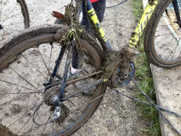 It was a muddy day on course for racers at Masters Worlds 2014. © Geoff Wilcox