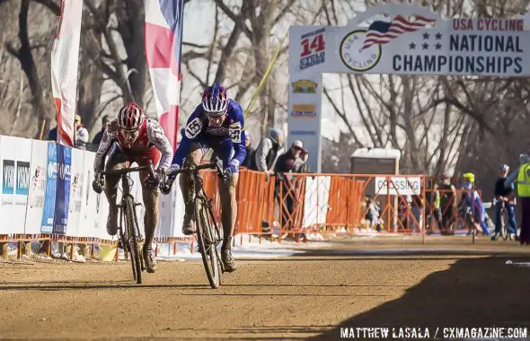 Norm Kreis (l) and Henry Kramer (r) sprint for the win in the 50-54 men. © Mathew Lasala