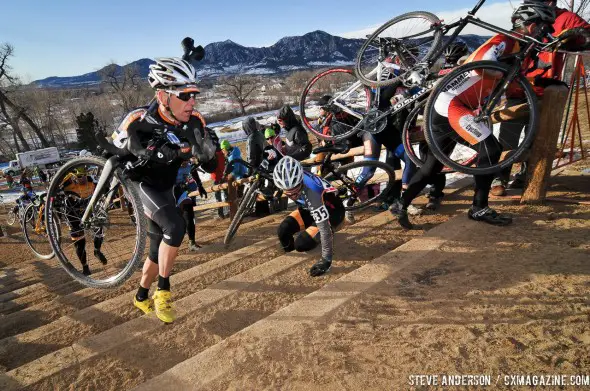 It was congested the first time up the stairs. 2014 Masters 45-49 Cyclocross National Championships. © Steve Anderson