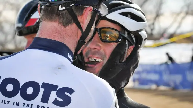 Robson congratulating Faia. 2014 Masters 45-49 Cyclocross National Championships. © Steve Anderson