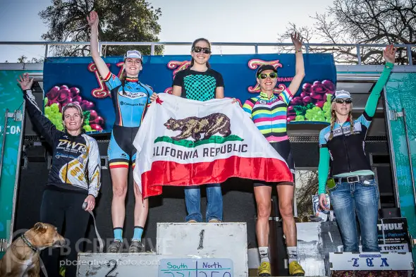 SoCal’s Nauman on top of the women’s 1-4 podium, flanked by a NorCal contingent. © Philip Beckman / PB Creative