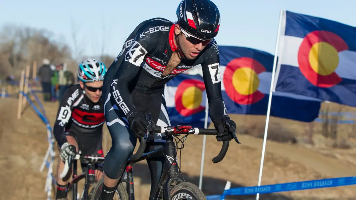 Danny Summerhill (K-Edge/Felt) leads out Redline Bicycles' elite racer Justin lindine at the the 2014 Cyclocross Nationals in Boulder, CO