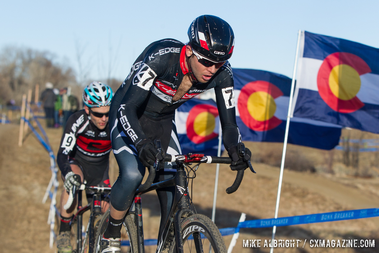 Danny Summerhill (K-Edge/Felt) leads out Redline Bicycles' elite racer Justin lindine at the the 2014 Cyclocross Nationals in Boulder, CO