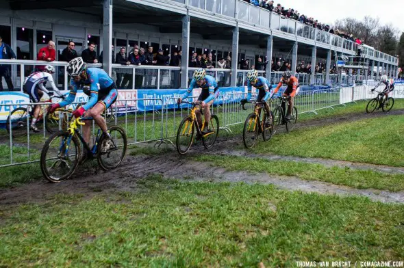 A line of Belgians, with the Dutch rider holding on. © Thomas Van Bracht