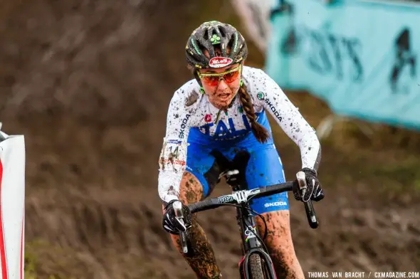 Lechner taking control of the battle for silver at UCI Cyclocross World Championships 2014 Elite Women. © Thomas van Bracht