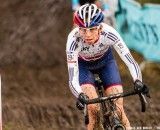 Wyman, game face on, going for bronze at UCI Cyclocross World Championships 2014 Elite Women. © Thomas van Bracht