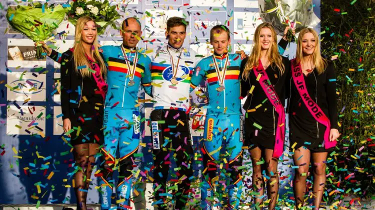 The Elite podium at 2014 Worlds, L to R: Nys, Stybar and Pauwels. © Thomas Van Bracht