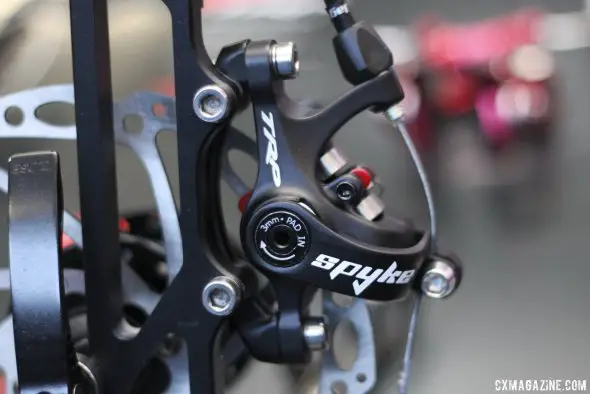 TRP Brakes brings the Spyre to Fat Bikes (and mtbs) in the form of the Spyke, with a different cable pull for V-brake levers - Frost Bike 2014.  © Cyclocross Magazine