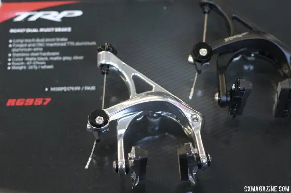 TRP Brakes' most popular brake, although not new, might be the RG957, which is a long-reach caliper braker for road bikes built for fatter tires (think gravel) or fenders - Frost Bike 2014.  © Cyclocross Magazine