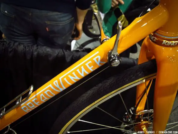 Down tube shifters provide front derailleur trim, and sand and mud proof. Breadwinner at NAHBS 2014. © James Thomas