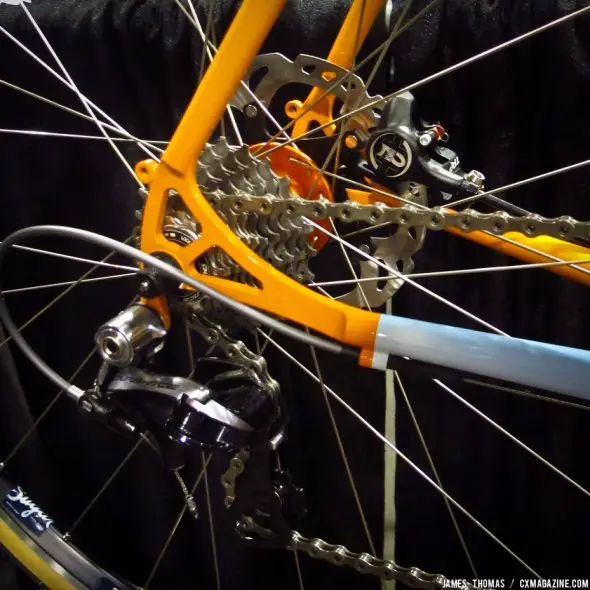 Fender/rack mounts, TRP Hylex hydraulic brakes and Dura-Ace 900 on the Breadwinner at NAHBS 2014. © James Thomas