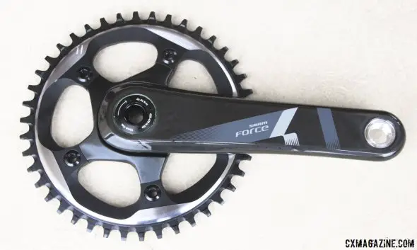 SRAM's new Force CX1 single chainring cyclocross drivetrain uses a SRAM Force carbon crankset with X-Sync chainrings in the outer ring position. © Cyclocross Magazine
