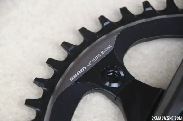 SRAM's new Force CX1 X-SYNC chainring's wide teeth have cutaways below where the chain sits for better mud clearance than the mtb rings. The rings are marked 11 speed, but will work with 10-speed chains according to SRAM. © Cyclocross Magazine