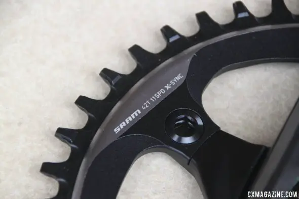 SRAM's new Force CX1 X-SYNC chainring's wide teeth have cutaways below where the chain sits for better mud clearance than the mtb rings. The rings are marked 11 speed, but will work with 10-speed chains according to SRAM. © Cyclocross Magazine SRAM's new Force CX1 X-SYNC chainring's wide teeth have cutaways below where the chain sits for better mud clearance than the mtb rings. The rings are marked 11 speed, but will work with 10-speed chains according to SRAM. © Cyclocross Magazine