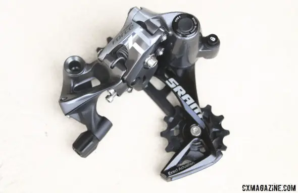 SRAM's new Force CX1 single chainring cyclocross drivetrain rear derailleur is completely different than the standard Force rear derailleur, with a Roller Bearing Clutch and X-Horizon movement. It's also about 70g heavier than a Force WiFLi equivalent. © Cyclocross Magazine
