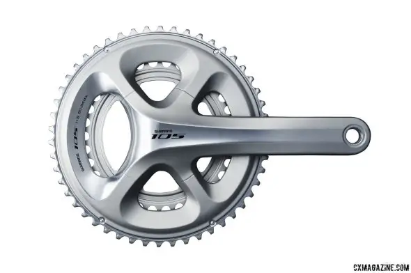 Shimano's new 105 5800 11-speed group comes in silver and black, and has the four-arm design that accepts compact, cx or road ring sizes. But a 36/46 version is not planned - only Ultegra 6800 has that.