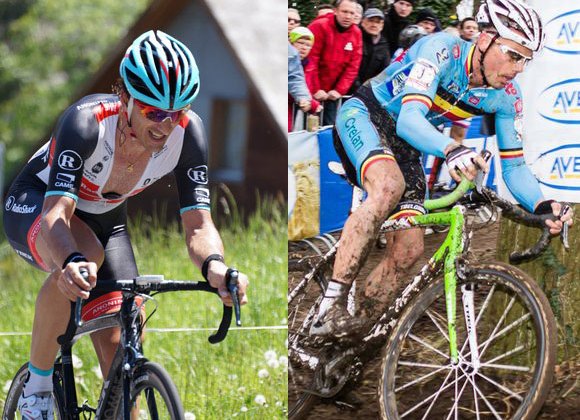 Fabian Cancellara and Sven Nys finally meet in person, discuss cobbles and cyclocross. photos: Youkeys on Flickr (l); Thomas van Bracht (r)