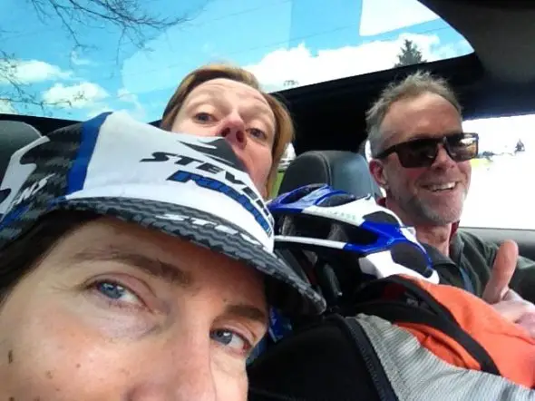 Post-race pileup in land rover with Mark at wheel. © Christine Vardaros