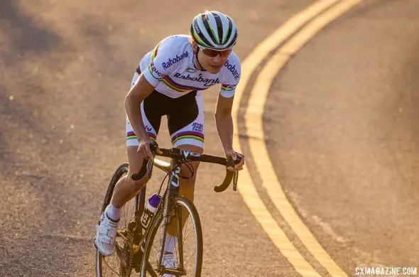 Marianne Vos takes to the road with her new Giro Synthe, with nobody behind.  She hopes the Synthe will help her be equally alone come cyclocross season.