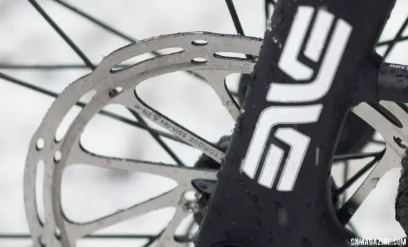 Strong, consistent braking in the snow with SRAM's new calipers, HydroR levers and Center Line rotors. © Cyclocross Magazine