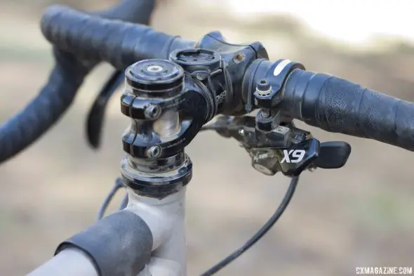 A seat collar clamp let Reeves put an X9 shifter to his flat bar. 2014 Lost and Found Ride. © Cyclocross Magazine