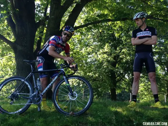 Pete Webber and Tim Johnson demonstrate proper positioning during their Cracking the Code clinic. © Cyclocross Magazine