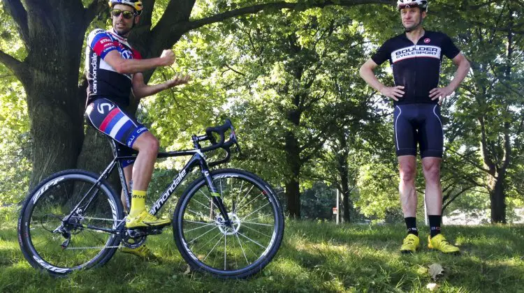 Tim Johnson pounds the cyclocross basics with Pete Webber during "Cracking the Code" in Queens, NY.