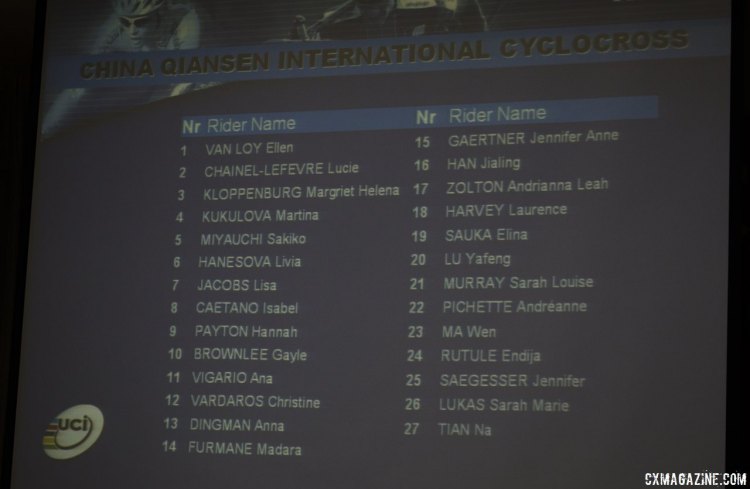 2014 Qiansen Trophy cyclocross race women's start list, by UCI ranking. © Cyclocross Magazine