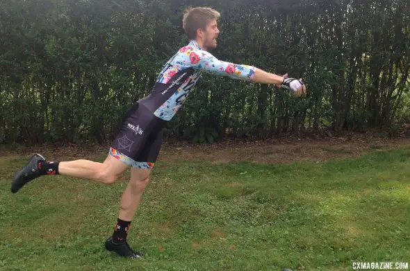 My weight is very far forward, and to hold this position, I often have to hop forward. Its no wonder riders have to stutter-step from this position at high speeds.