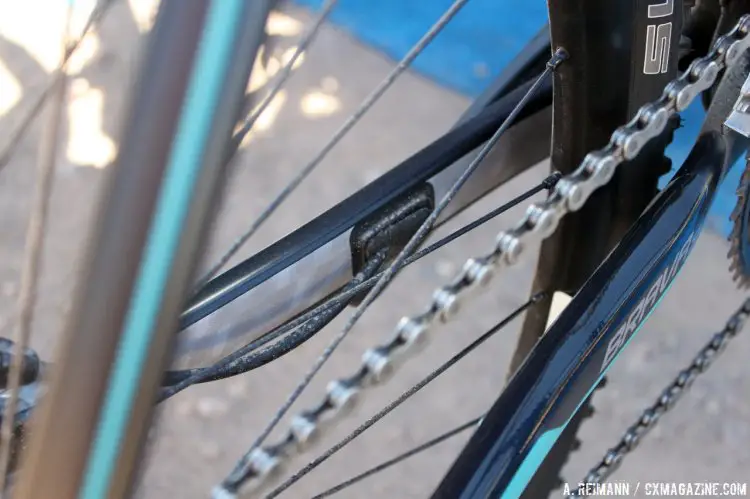 The Brava SLR 2 has a slightly upright geometry, with tire clearances for cyclocross and a mechanical brake housing that runs to this inside of the chain stay. © Cyclocross Magazine