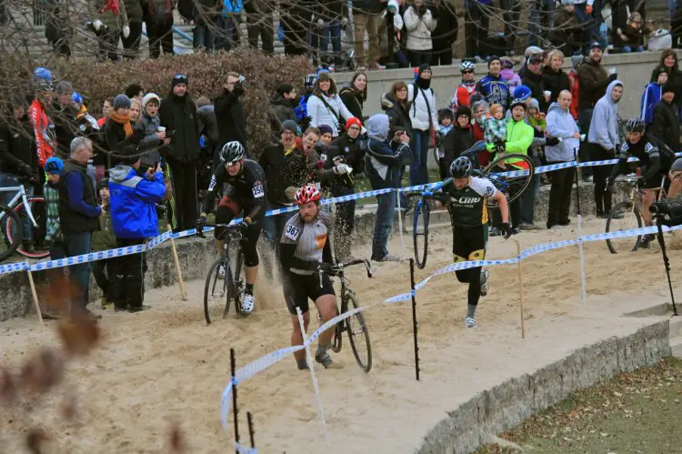 Riders tackle the sand pit at the 2013 Manitoba Provincial Cyclocross Championships at The Forks. © Timothy Dueck