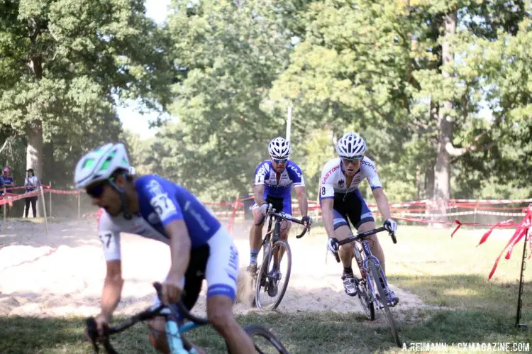 Chris Jones made an impressive return to cyclocross, here shown making his move against Stephen Hyde and Jonathan Page. © Cyclocross Magazine