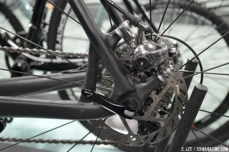 Not hydro but high-end mechanical brakes with the Avid BB7 Road SL brakes on the new 2015 Bianchi Zolder cyclocross bike. Interbike 2014 © Cyclocross Magazine