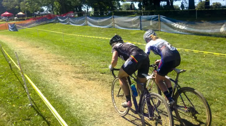 Van Gilder going elbow-to-elbow with Noble to take the 2014 Nittany Lion Cyclocross Day 2 win. © Cyclocross Magazine