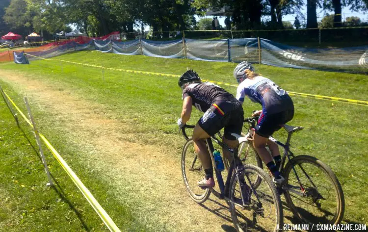 Van Gilder going elbow-to-elbow with Noble to take the 2014 Nittany Lion Cyclocross Day 2 win. © Cyclocross Magazine